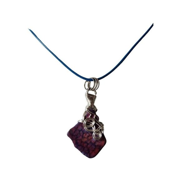 Artisan Wire Wrapped Silver Necklace with Pink and Purple Stone on Blue Cord wit - Picture 1 of 7
